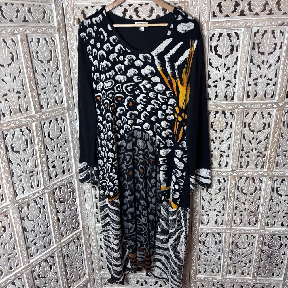 Orientique Naturally Australia Animal Print Black Multi Long Sleeve Dress SZ XL